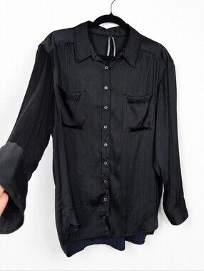Anthropologie Black Satin Button Up Blouse Pocket High Low Relaxed Top Large